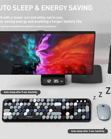 FOPETT 2.4GHz Wireless Keyboard and Mouse Set with Switch Button - Full-Size Keyboard - Compatible for Windows/Laptop/PC/Notebook/Smart TV and More - Grey Colorful