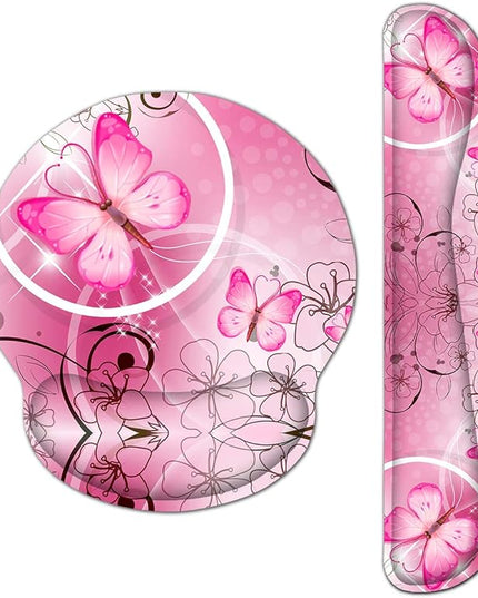 RICHEN Keyboard Wrist Rest and Mouse Pad with Wrist Support, Memory Foam Set for Gaming and Office, Comfortable & Lightweight for Easy Typing & Pain Relief (Pink Butterfly)