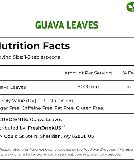 FreshDrinkUS, Premium 50+ Natural Guava Leaves, Whole Dried Leaves, 100% Pure, Natural Guava Loose Leaf Herbal Tea, Non GMO, No Additives, No Caffeine, Vegan