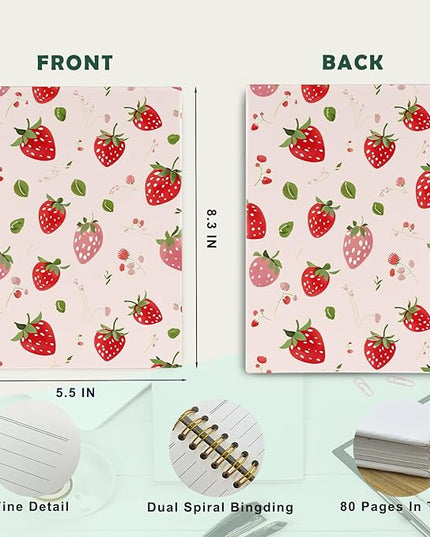 JKMBN Cute Strawberry Journaling Notebooks, Preppy Pink Spiral Notebook, Pink Office Supplies, Cute Notebooks for Women Girls, Hardcover Spiral Notebooks College Ruled 5.5 x 8.3