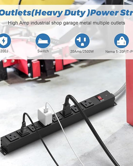 20 Amp Power Strip Heavy Duty, 12 Gauge Extension Cord for Appliance Workbench Garage Industrial, Metal 8 Outlets Combine with T-Plug Adapter 5-20R T-Slot, 1200J Surge Protector