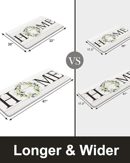 KIMODE Anti Fatigue Kitchen Mats for Floor, Farmhouse Kitchen Rugs Sets of 2, Cushioned Kitchen Floor Mats, Comfort Standing Mats for Sink, Laundry, Office, Desk White 20"x47"+20"x32"
