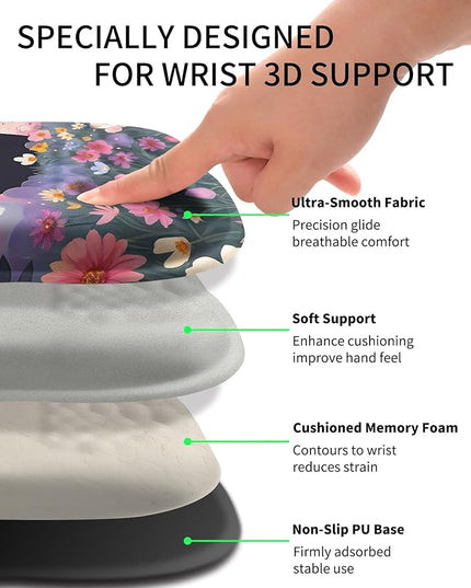Hokafenle Ergonomic Wrist-Hugging Mouse Pad Wrist Support, U-Shaped Holding Wrist Rest Mousepad for Carpal Tunnel Pain Relief with Cushioned Memory Foam Slope Massage Bulge (10.2x8.3 in,Flower Cat)