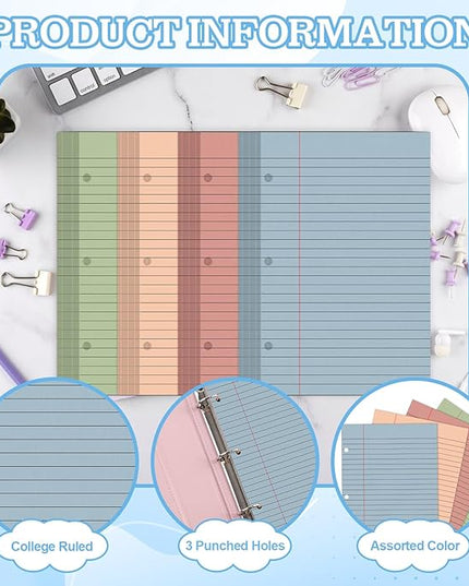 200 Sheets Half Letter Lined Paper 5.5 X 8.5 In Colored Notebook Paper College Ruled Loose Leaf Paper 3 Hole Punched Half Mini Binder Inserts Fit 3 Ring Binder for School Office