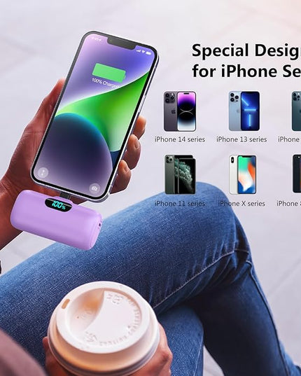 [2 Pack]Mini Portable Charger 5000mAh for iPhone,Ultra-Compact 15W PD Power Bank,LCD Display Cute Battery Pack Backup Charger Compatible with iPhone 14/14 Pro Max/13/13 Pro/12/XR/8/7/6,Pink +Purple