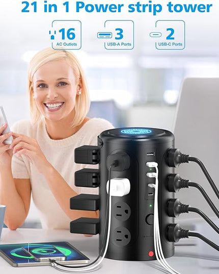 Tower Power Strip Surge Protector with 16 Outlets and 5 USB Ports (2 USB-C), 6FT Extension Cord with Multiple Outlets,Heavy Duty Charging Station,Home Office Dorm Room Essentials. No Wireless Charging