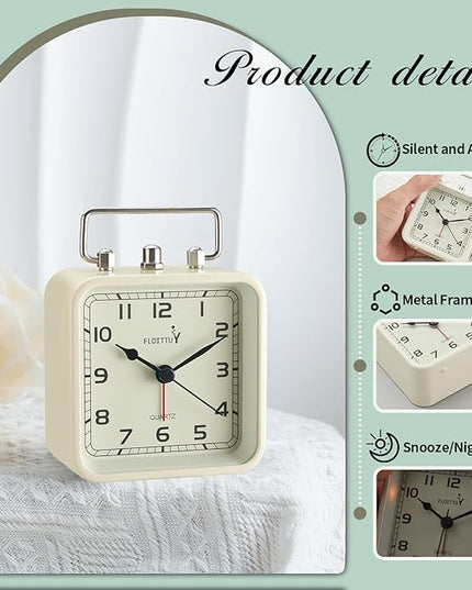 FLOITTUY Square Metal Beep Alarm Clock Silent No Ticking, Snooze and Battery Operated, Night Light and Desk Clock for Bedroom/Travel/Kids, Easy Set(Cream White)