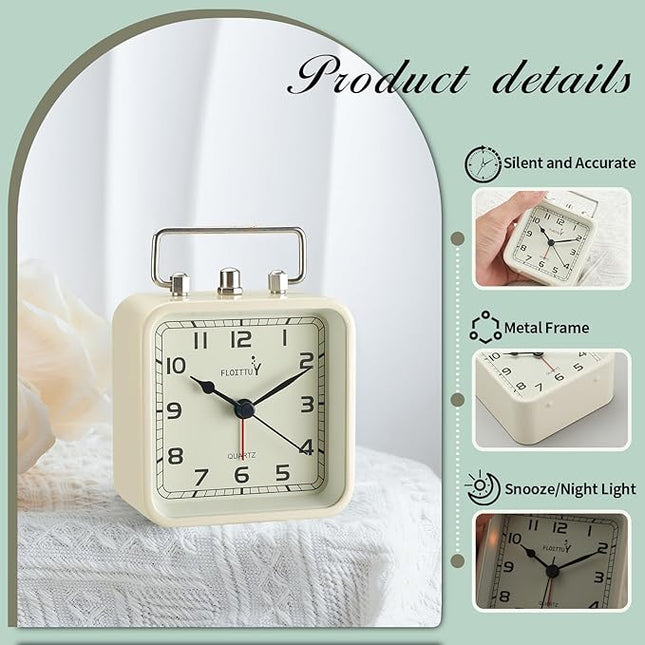 FLOITTUY Square Metal Beep Alarm Clock Silent No Ticking, Snooze and Battery Operated, Night Light and Desk Clock for Bedroom/Travel/Kids, Easy Set(Cream White)