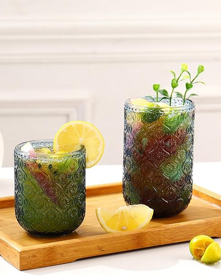 Blue Drinking Glasses Set of 12, 12 Oz Highball & 10 Oz Cocktail Glasses, Blue Kitchen Vintage Glassware Set, Floral Embossed Glass Tumbler Cups for Water, Beer, Juice, Whiskey, Coffee