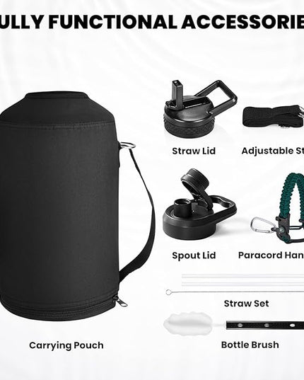 One Gallon Water Bottle Insulated, Triple Walled Vacuum Stainless Steel (Cold for 48 Hrs), Leak Proof & Non-BPA, Large Water Flask Jug with Paracord Handle & Straw Spout Lids
