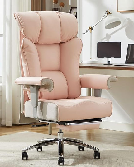 Efomao Big and Tall Ergonomic Office Chair 450LBS with Foot Rest, High Back PU Leather Executive Chair with Adjustable Padded Armrests, Lumbar Support for Home or Work, Heavy Duty Computer Chair, Pink