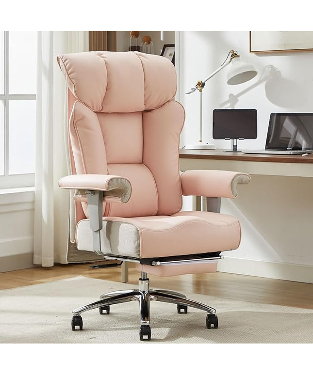 Efomao Big and Tall Ergonomic Office Chair 450LBS with Foot Rest, High Back PU Leather Executive Chair with Adjustable Padded Armrests, Lumbar Support for Home or Work, Heavy Duty Computer Chair, Pink