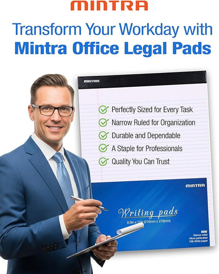 Mintra Office Legal Writing Pads – White Narrow Ruled Paper for Writing & Note-Taking – Ideal Notepads for Business, College, School & Office Use – 8.5" x 11" (6 Pack)