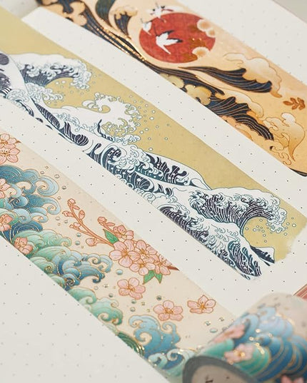 WT Waves of Rebun Washi Tape Set, 4 Rolls, Gold Foil, Decorative Masking Tape, Bujo Planner Supplies, DIY Crafts Tape, Adhesive Wrapping Tape, Paper Tape, Journaling Gifts