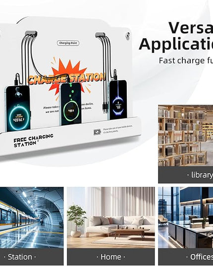 8-Port Wall Mounted Charging Station with Universal Cables – Fast Charging Dock for iPhone, Android & Type-C Devices – Perfect for Office, Airport, Hotel & School Use (White)