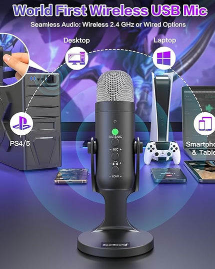 ZealSound Wireless Microphone,USB Mic for iPhone PC iPad Android Phone-Cordless Condenser Desktop Microphones with Mute Echo Monitor Volume Gain 2.4GHz for Podcast,ASMR,Gaming,YouTube Video/K66 Black