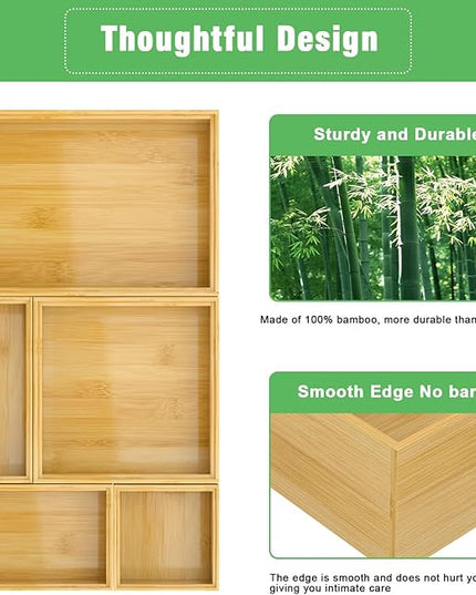 Bamboo Bathroom Drawer Organizer Dividers, Wooden Kitchen Utensil Holder Set of 5, Stackable Junk Drawer Organizer Tray, Multi-Use Storage Bins Boxs for Home, Office, Clothing, Makeup, Jewelry