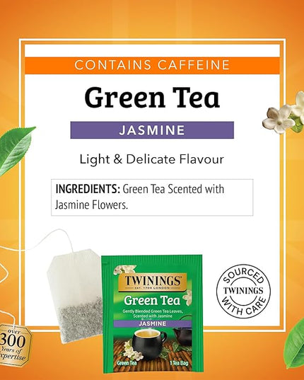 Twinings Green Tea with Jasmine Individually Wrapped Bags, 20 Count (Pack of 6), Fragrant Floral Scent, Caffeinated, Enjoy Hot or Iced, 120 Teabags