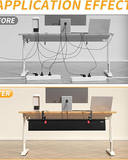 No Drill Under Desk Cable Management Tray, 36" Cord Organizer with Clamp, Fabric Cable Management for Standing Desks, Ideal for Home & Office - Black