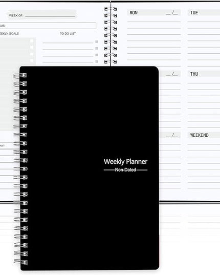 Undated Weekly Planner, Weekly Goals Notebook, A5 To Do List Planner, Habit Tracker Journal with Spiral Binding, 5.7 x 8.0 in, Black