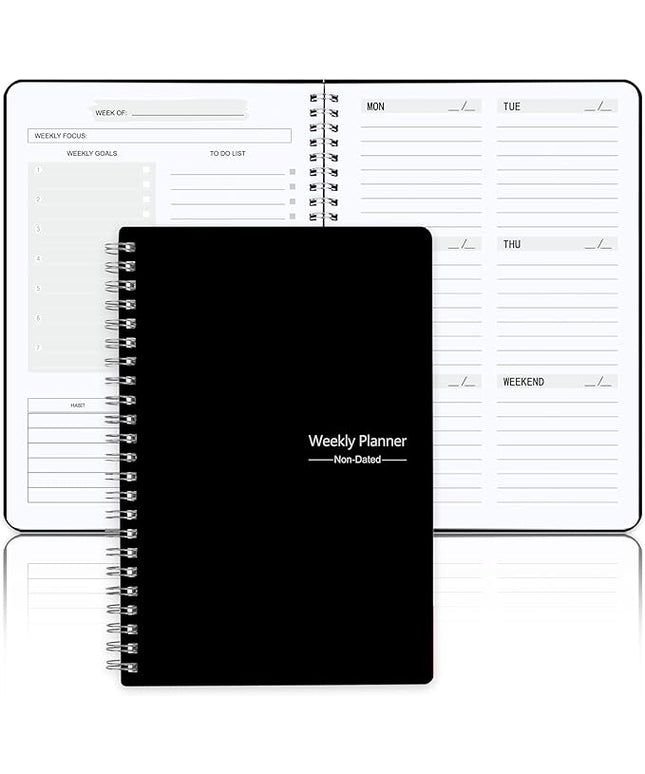 Undated Weekly Planner, Weekly Goals Notebook, A5 To Do List Planner, Habit Tracker Journal with Spiral Binding, 5.7 x 8.0 in, Black