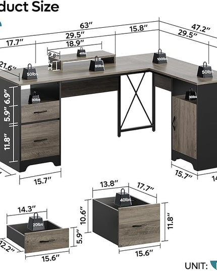 Bestier L Shaped Desk with File Drawers, 63" x 47" Office Computer Desk with Storage Cabinet, Corner Desk with Monitor Stand & Modesty Panel for Home Office, Gray