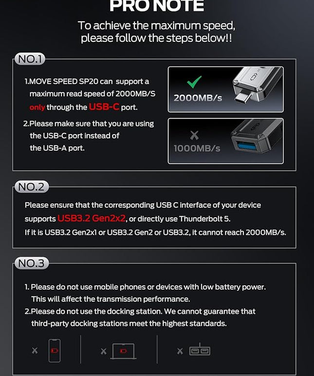 MOVE SPEED 256GB USB Drive, 2000MB/s TLC Reliable Transfer Portable SSD with USB 3.2 Gen2x2 + Type C, Cool USB Drive for Phone/Windows/Mac (SP20)