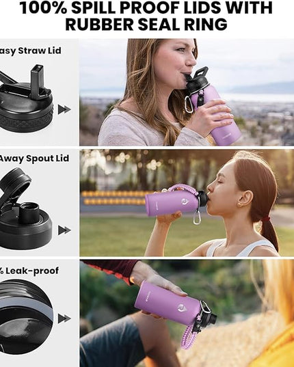 Insulated Water Bottle 32 oz, Triple Wall Vacuum Stainless Steel (Cold for 48 Hrs), Leak Proof & Non-BPA, Modern Water Flask Jug with Paracord Handle & Straw Spout Lids, Lilac