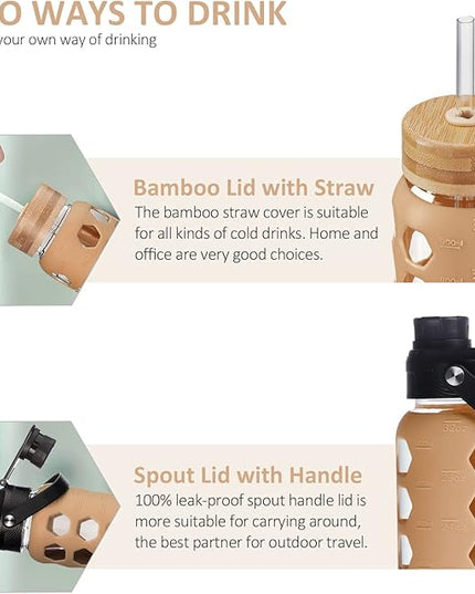 MUKOKO 32oz Glass Water Bottles with 2 Lids-Handle Spout Lid&Bamboo Straw Lid, Motivational Water Tumbler with Time Marker Reminder and Silicone Sleeve, Leakproof-Amber-1 Pack