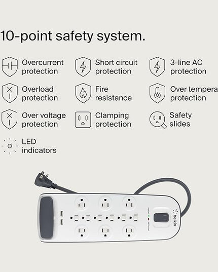 Belkin USB Power Strip Surge Protector - 12 AC Multiple Outlets & 2 USB Ports - 6 ft Long Flat Plug Extension Cord for Home, Office, Travel, Computer Desktop & Charging Brick - White (3,996 Joules)
