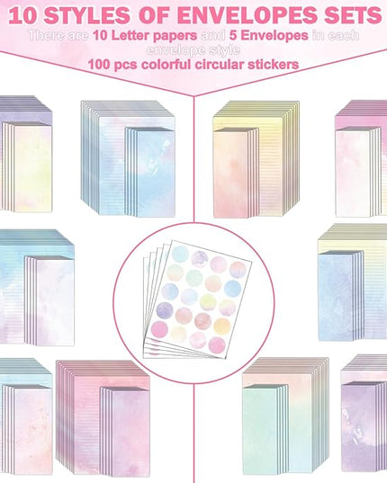 EggSun 250Pcs Watercolor Stationery Paper and Envelope Set with 100 Letterhead Papers and 50 Envelopes, 10 Design for Letter Writing Invitations Computer Holidays Party Notes, 8.5x11 Inch-Lined