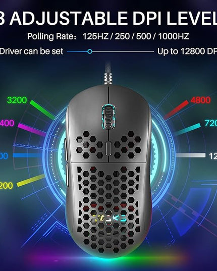 DIERYA M1SE Wired Gaming Mouse with Honeycomb Shell, 12800DPI Optical Sensor, 6 Programmable Macros, Software Support for Custom Key Config, and RGB Settings for Windows 7/8/10/XP, Vista, Linux-Black