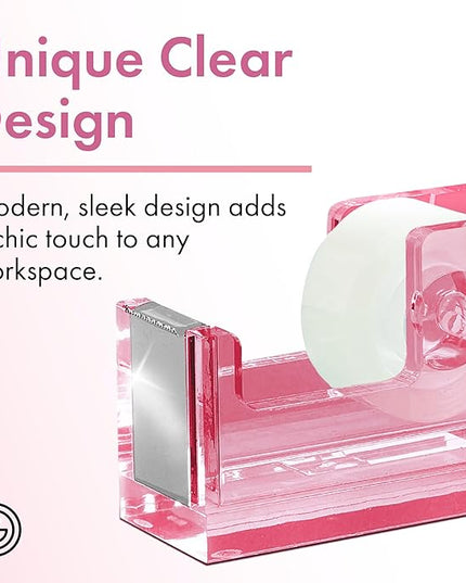 OfficeGoods Acrylic Tape Dispenser – Modern Desk Organizer for Office Supplies – Heavy Duty Refillable Tape Holder for Home and School Crafting – Stylish Desktop Accessory for Gift Wrapping, Pink