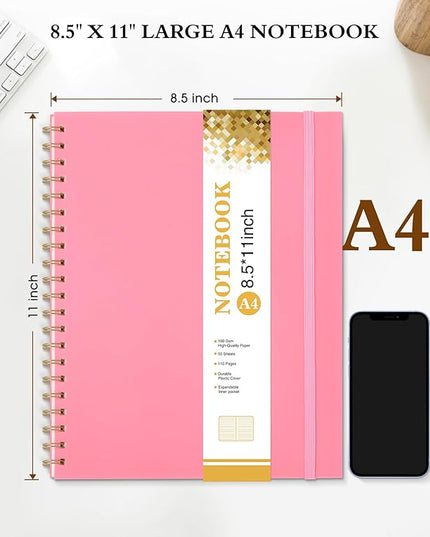 Spiral Notebook Journal 8.5” x 11”, A4 Large Pink Notebooks for Women Men, College Ruled Lined Journal, 100 GSM Paper, Plastic Hardcover Spiral Bound Journals for Work School Note Taking Business