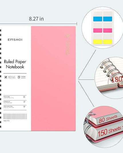 EMSHOI A4 Spiral Notebook College Ruled Lined Journal, 11.2" x 8.27", 300 Pages, 100gsm Thick Paper, Waterproof Softcover, Twin-Wire Binding, Sticky Notes, Pink