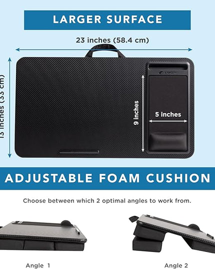 LAPGEAR Extra Large Adjustable Lap Desk – Fits Laptops up to 17.3”, Adjustable Cushion, Memory Foam Wrist Rest, Mouse Pad, Device Ledge, & Phone Slot – Black Carbon - Style No. 88108