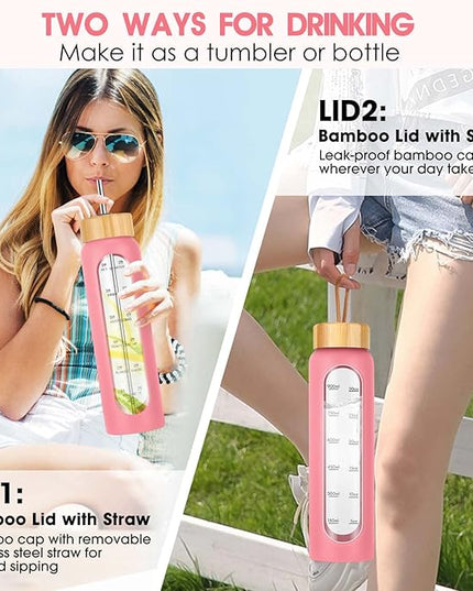 32 oz Glass Water Bottle with Straw - Motivational Time Marker & Silicone Sleeve - Reusable Tumbler Includes 2 Bamboo Lids & Fruit Infuser - 1 Pack