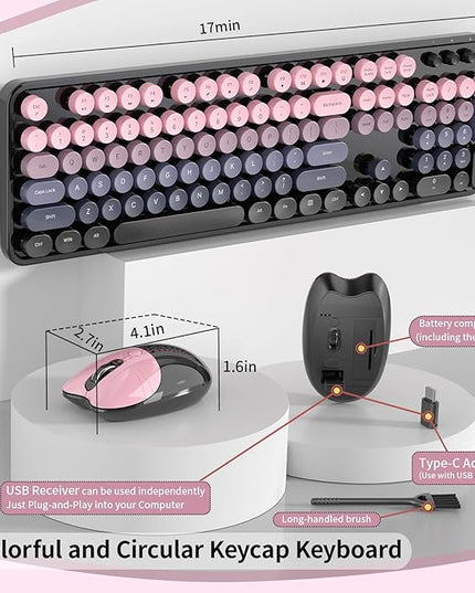 Wireless Keyboard and Mouse, MOFII 104 Round Keycaps Retro Typewriter with OTG & Brush, Full-Size Ergonomic, Ideal for Windows PC, Home, Office and College Peach Pink