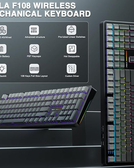AULA F108 Wireless Mechanical Keyboard, Full Size Gaming Keyboard with Number Pad, Side Printed PBT Keycaps, Pre-lubed Switches, RGB Backlit, Hot Swappable Creamy Sounding Computer Keyboards, 108 keys