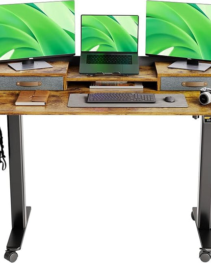 Claiks Standing Desk with Drawers, Stand Up Electric Standing Desk Adjustable Height with Storage Shelf and Splice Board, 48 Inch, Rustic Brown