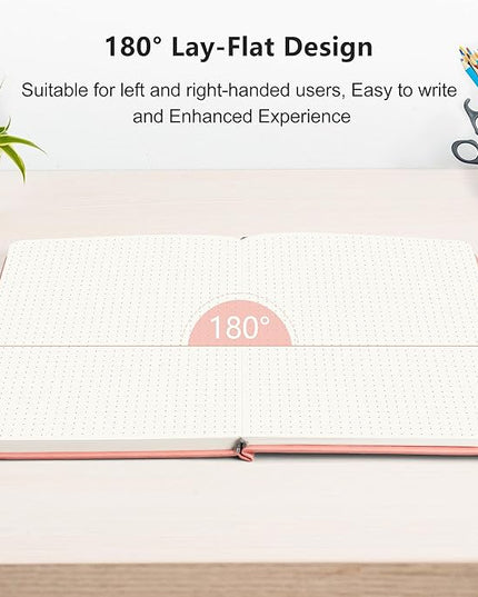 RETTACY Bullet Dotted Journal Notebook, 192 Pages, A5 Medium Size (5.7'' x 8.3''), Leather Hardcover, 100 GSM Thick Paper, for Bullet Journaling, Planning, Tracking (Pink)