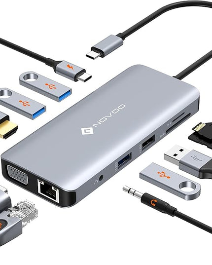 NOVOO USB C Hub, 11-in-1 Docking Station Multiport Adapter with 4K USB C to HDMI, VGA, Gigabit Ethernet, 100W PD, 3 USB-A 5 Gbps, MicroSD/SD Card Reader, Dock for Most Type-C Devices