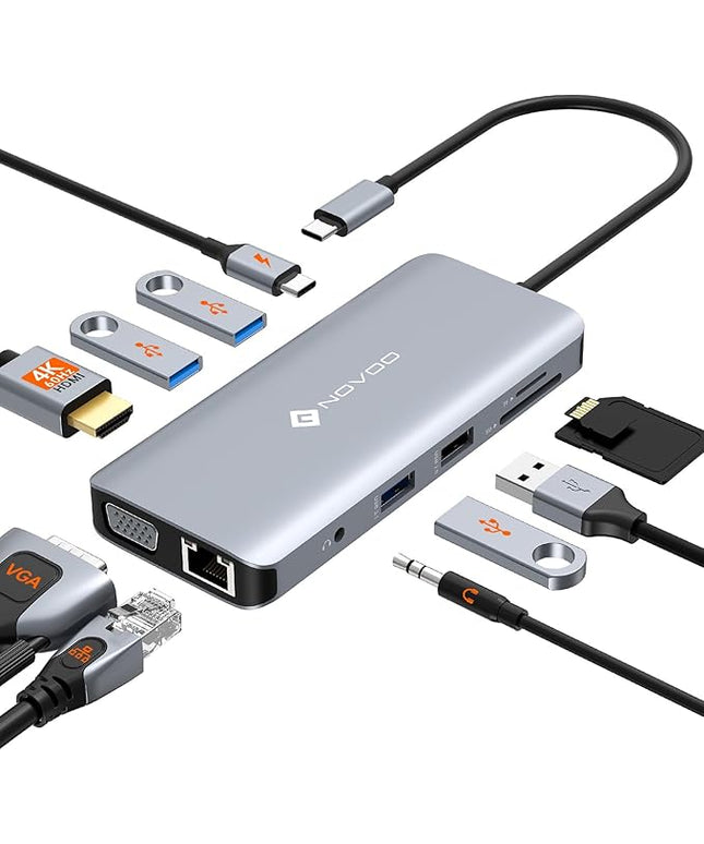 NOVOO USB C Hub, 11-in-1 Docking Station Multiport Adapter with 4K USB C to HDMI, VGA, Gigabit Ethernet, 100W PD, 3 USB-A 5 Gbps, MicroSD/SD Card Reader, Dock for Most Type-C Devices