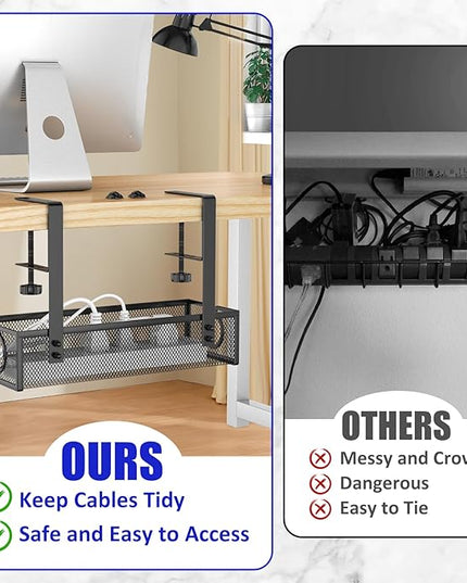 REFLYING Under Desk Cable Management Tray, Metal Long Arms (3.9in), No Drill Mesh Cable Tray, Wire Organizer, 1 Pack, Black
