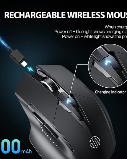 INPHIC Wireless Mouse Rechargeable, Battery Visible, 2400 DPI, 6 Buttons, Ergonomic Large Mouse for Laptop, Computer, Mac, PC etc.