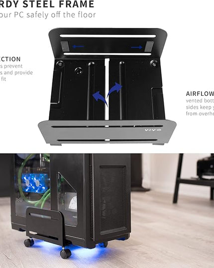 VIVO Large Computer Tower Desktop ATX-Case, CPU Steel Rolling Stand, 7.8 to 14 inch Wide Adjustable Mobile Cart Holder with Locking Caster Wheels, Gaming PC Holder, Black, CART-PC01L