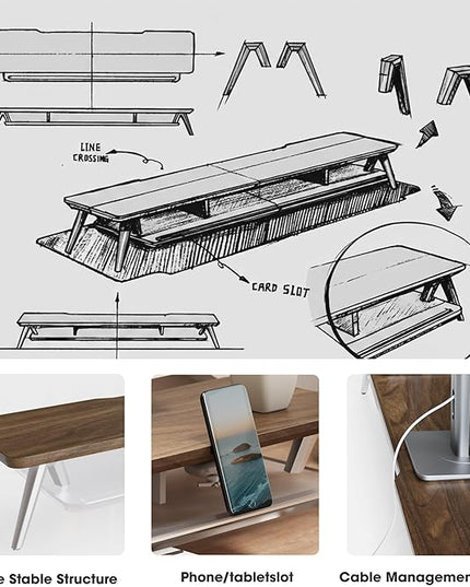 Fenge Dual Monitor Stand, 2 Tiers Acrylic Monitor Riser with LED Lights, 42.5 Inch Wood and Aluminum Desk Shelf with Phone and Tablet Holder