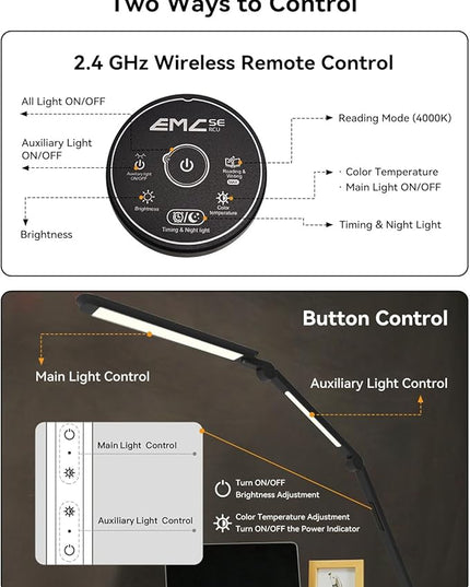 LED Desk Lamp with Clamp, Architect Desk Lamp with Remote, Flexible Swing Arm Desk Light with Dual LED Light, Stepless Dimming, 5 Color Mode & 4 Brightness for Sewing Painting Drafting Crafting