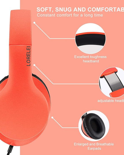 LORELEI X6 Over-Ear Headphones with Microphone, Lightweight Foldable & Portable Stereo Bass Headphones with 1.45M No-Tangle,Wired Headphones for Smartphone Tablet MP3 / 4 (Vitality Orange)