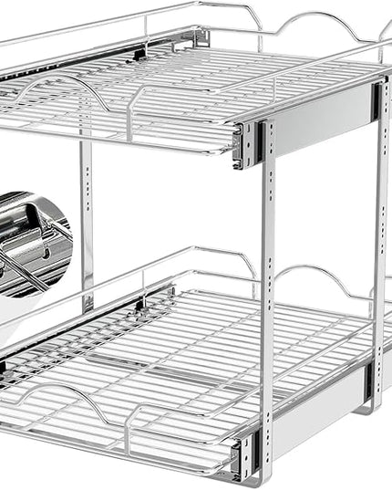 OCG 2 Tier Pull Out Cabinet Organizer (14" W x 21" D), Pull Out Drawers for Kitchen Cabinets, Pull Out Shelves for Base Cabinet Organization in Kitchen Bathroom Pantry, Chrome Finish
